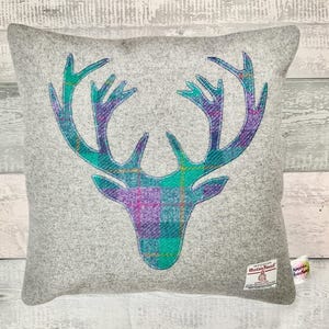 Highland Stag Tweed Throw Pillow, Purple and Green Tartan Scottish Harris Tweed  Handmade Cushion, Country Chic Home Decor 16"