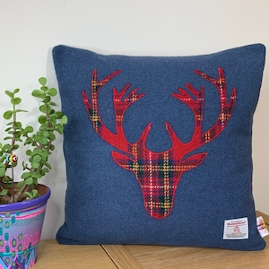 Cushion With Red Tartan Highland Stag Made with Harris Tweed, Stag Cushion Scottish Gift Home Decor 16"