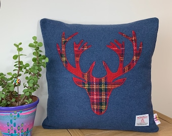 Cushion With Red Tartan Highland Stag Made with Harris Tweed, Stag Cushion Scottish Gift Home Decor 16"
