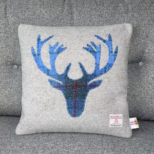 Cushion With Blue Tartan Highland Stag Made with Harris Tweed, Stag Cushion Scottish Gift Home Decor 16"