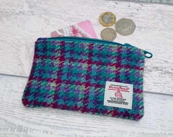 Harris Tweed Coin Purse, Purple and Turquoise Zipped Coin Pouch, Change Purse, Scottish Gift, Headphone Case, Dog Treat Bag, Teacher Gift