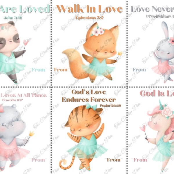 Printable Sunday School Valentines, Bible Verse Valentine, Animal Ballet Valentine, Cute Religious Valentine