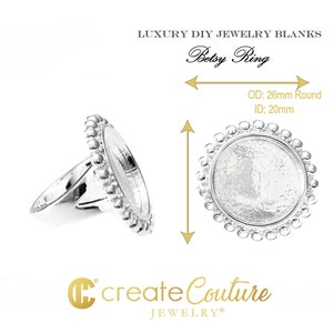 Luxury DIY Statement ring 20mm cabochon tray setting silver round with bead accent for resin or polymer clay jewelry making blanks