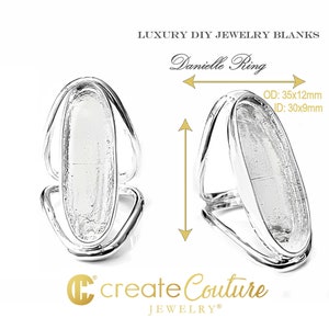 May include: Silver ring blank with an oval shaped bezel, measuring 35mm x 12mm outside diameter and 30mm x 9mm inside diameter. The ring is designed for DIY jewelry making.