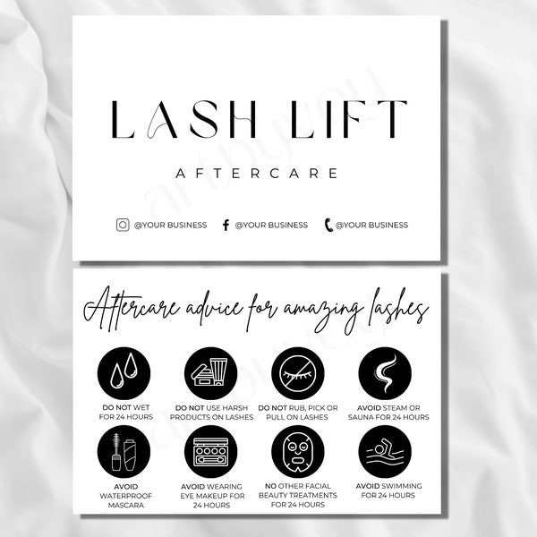 Lash Lift and Tint Aftercare Card Template, Editable Lash Lift Card, Lash Lifting, Lash Lift Business Card, Lash Instructions Care Card