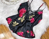Sz M Vintage Y2K Victorias Secret Pure Silk Black Rose Floral Pattern Cami Slip Top