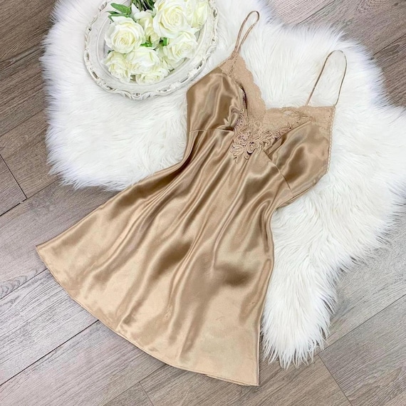 Sz S Vintage 90s Victorias Secret Caramel Silky Lingerie Short Slip Dress
