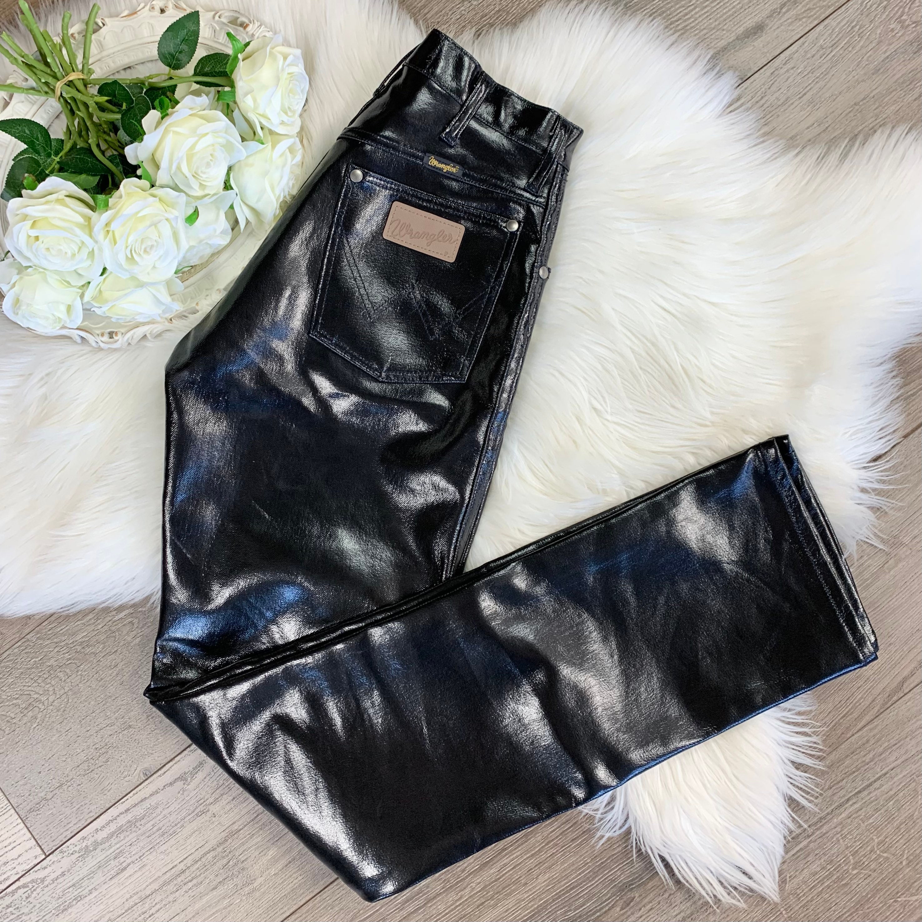 Sz 27 28 Vintage Wrangler Black Vinyl Pleather High Waisted Slim