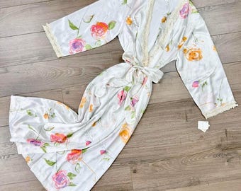 Sz S Vintage 90s Christian Dior Deadstock White Floral Print Silky Lingerie Peignoir Robe