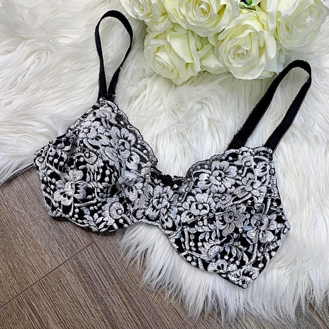 34C Vintage Oscar De La Renta Black And Silver Stretch Lace Lingerie 
