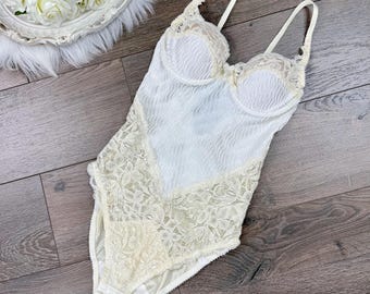 Body z satyny bawełnianej w kolorze kości słoniowej w stylu vintage z lat 90. XS/S