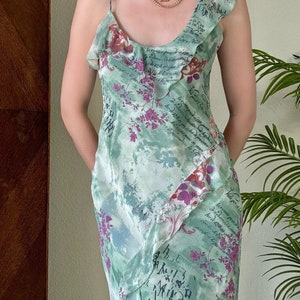 Sz S Vintage Y2K Lapis Sage Floral Cursive Asymmetrical Pure Silk Dress