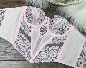 Sz 36B Vintage Christian Dior Pink Lace Lingerie Bustier Corset