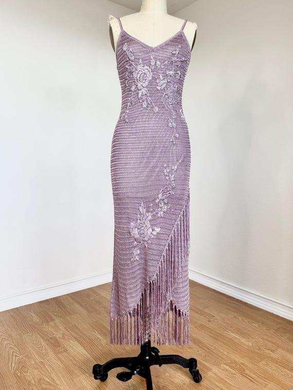 Sz S Vintage Y2K Cache Lilac Purple Floral Beaded Crochet Party Prom Dress