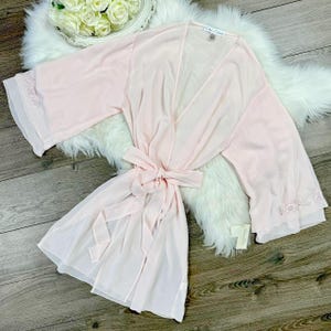 Sz S Vintage 90s Oscar de la Renta Deadstock Pink Sheer Chiffon Lingerie Peignoir Robe