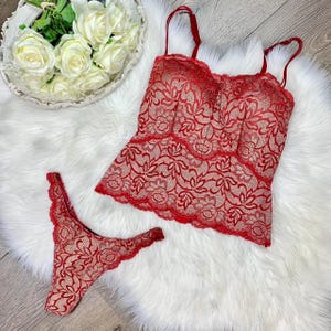 Sz M/L Vintage Y2K Cosabella Red Floral Print Lace Bustier Corset Top Lingerie Set