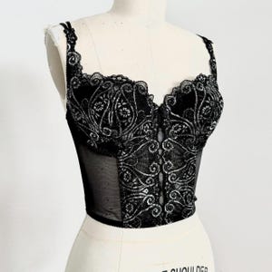 36C Vintage 90er Jahre Victorias Secret Schwarz und Silber Spitze Dessous Bustier Korsett