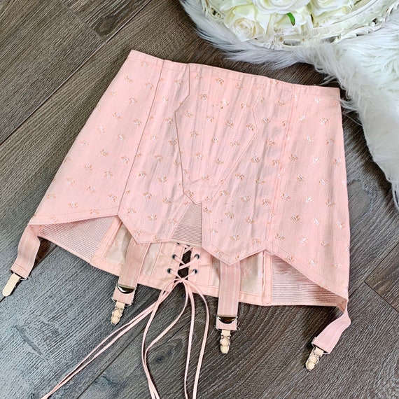 XXS/XS Vintage Pink Peach Floral Embroidered Adjustable Corset Girdle Skirt  -  Sweden