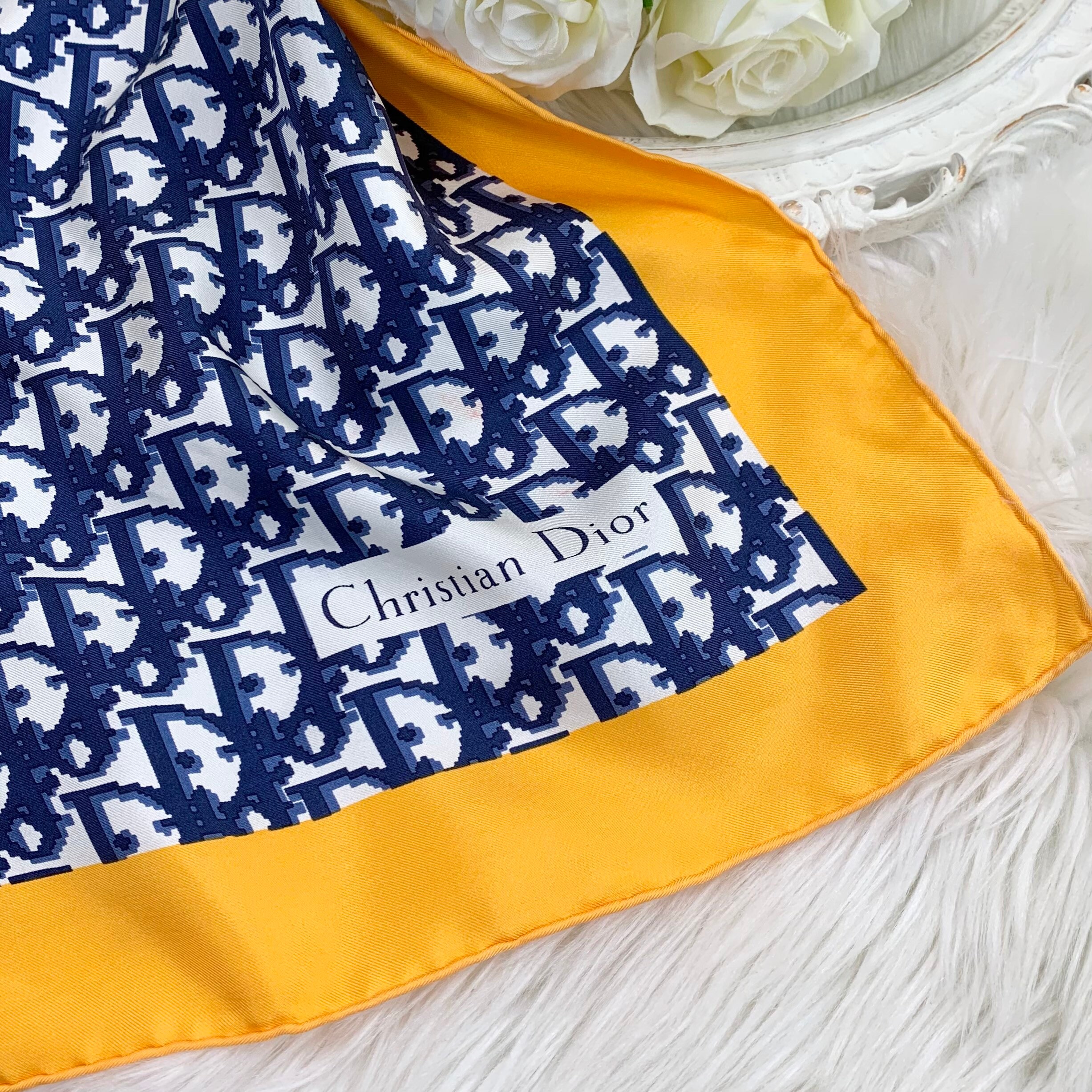Vintage Christian Dior Pure Silk Navy and Yellow Monogram Print