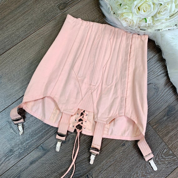 Sz XXS/XS Vintage 40s 50s Pink Lace up Girdle Corset Skirt 