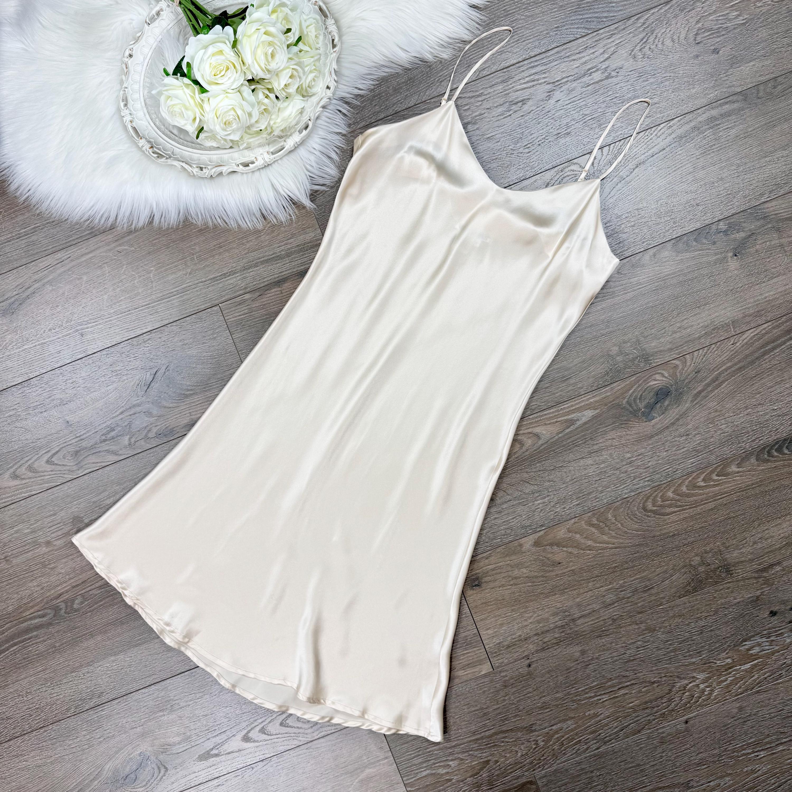 Sz M Vintage 90s Pure Silk Champagne Lingerie Slip Dress
