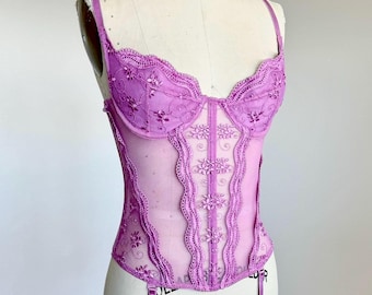 Rozmiar 32//B/C Vintage 90s Shirley of Hollywood Magenta Lace Lingerie Bustier Gorset Top