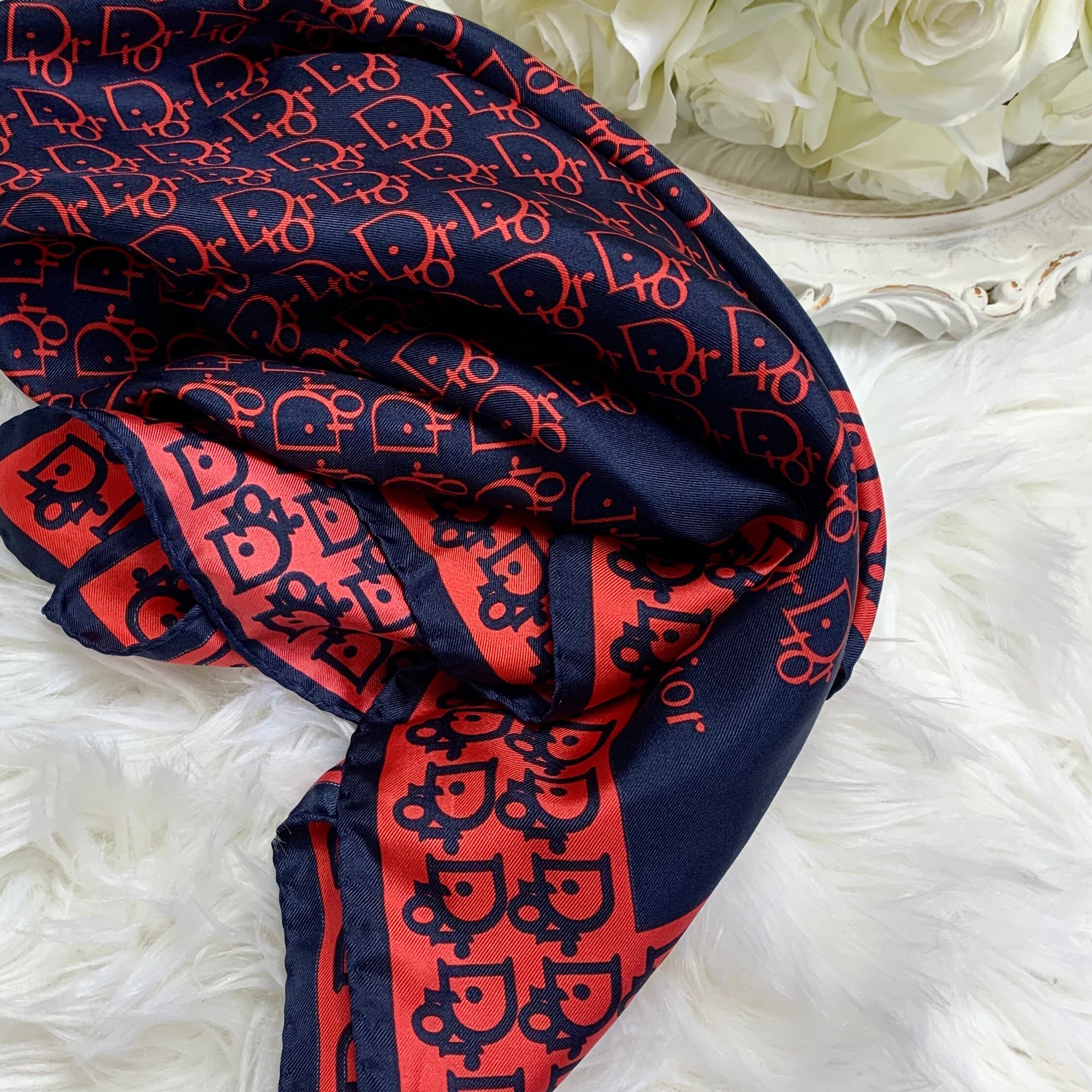 Authentic Vintage Christian Dior Navy Blue 100% Silk Scarf