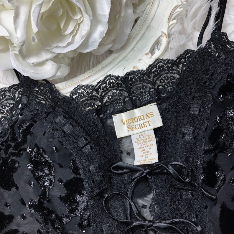 Sz M Vintage Victorias Secret Gold Label Semi Sheer Black Chiffon Velvet Lingerie Teddy Bodysuit
