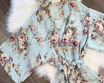 Sz M/L Vintage Victorias Secret Gold Label Mint Seafoam Floral Print Lingerie Peignoir Robe