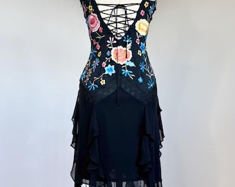 Vestido vintage Y2K de Sue Wong, de seda pura, bordado floral multicolor y negro, para fiesta, cóctel y graduación, talla S/4/6