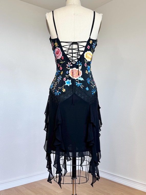 sue wong floral embroidered dress Sz S//4/6 Vintage Y2K Sue Wong Black Multicolor Floral Embroidered Pure  Silk Party Cocktail Prom Dress