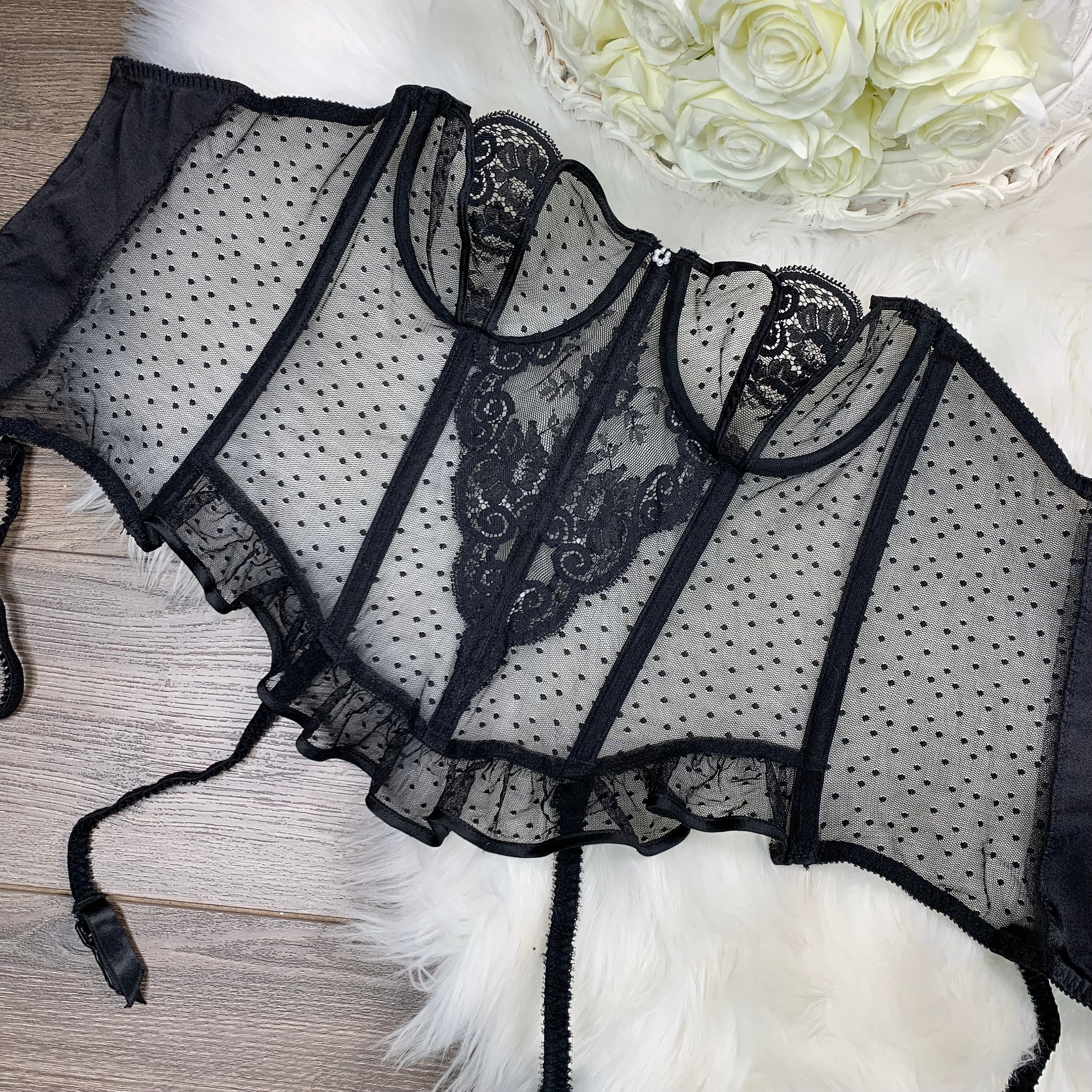 Sz 36B Vintage Christian Dior Black Lace and Satin Lingerie