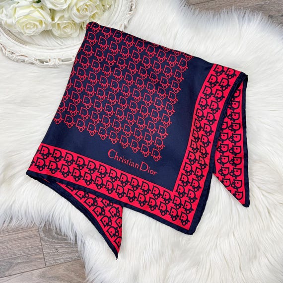 Vintage 90s Christian Dior Pure Silk Red and Navy Monogram Print