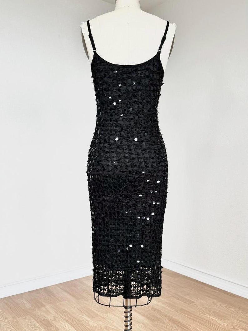 Sz XS/S Vintage Y2K Adrianna Papell Boutique Black Sequin Crochet Cocktail Party Vacation Dress image 4