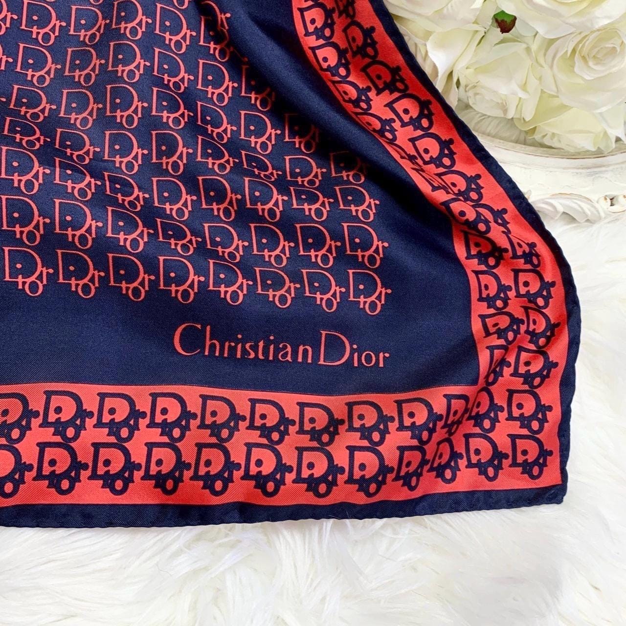 Vintage Christian Dior Pure Silk Red and Navy Monogram Print Scarf