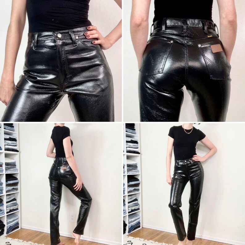 May include: Black, high-waisted, shiny trousers with a classic five-pocket design. The trousers have a sleek, wet-look finish and a straight-leg cut. The trousers are shown from multiple angles, highlighting the fit and texture of the material.