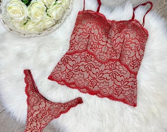 Sz M/L Vintage Y2K Cosabella Red Floral Print Lace Bustier Corset Top Lingerie Set