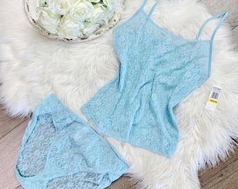 Sz M Vintage Y2K Lily of France Deadstock Blue Lace Lingerie Set