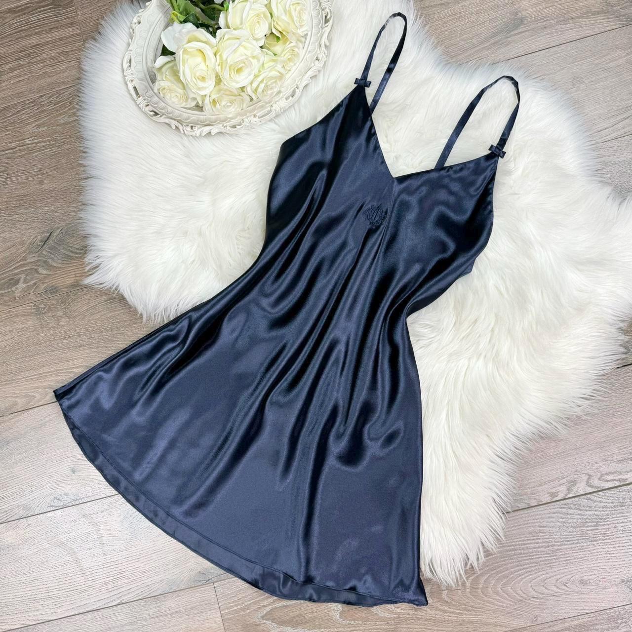 ヴィンテージ　クリスチャンディオール　ランジェリー　ネグリジェ　ナイトドレス Sz S Vintage Christian Dior Navy Blue Silky Lingerie Slip