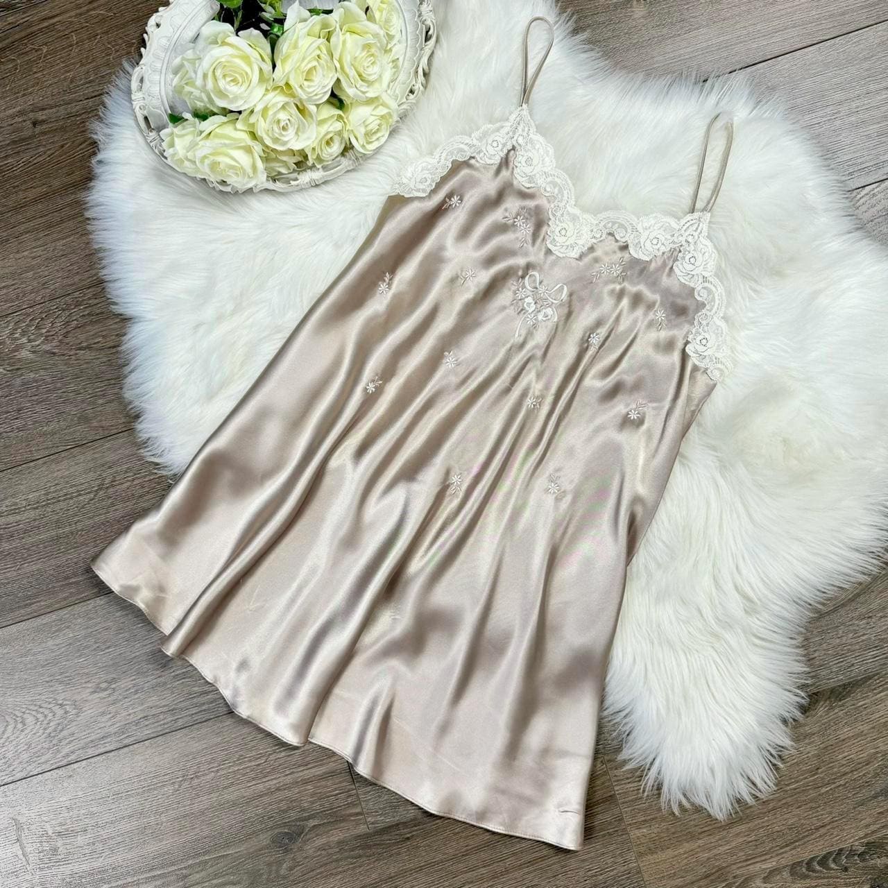 Sz S/M Vintage Christian Dior Champagne Floral Embroidered Silky
