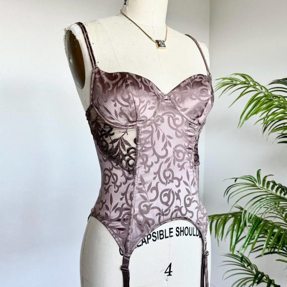 Sz 36C Vintage Y2K Victorias Secret Mauve Pure Silk and Lace Lingerie Bustier Corset Top