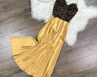 Sz S Vintage Victorias Secret Gold Label Vestido lencero de lencería dorada de seda pura