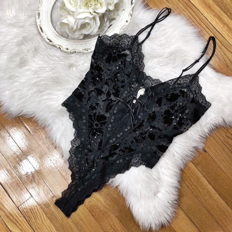 Sz M Vintage Victorias Secret Gold Label Semi Sheer Black Chiffon Velvet Lingerie Teddy Bodysuit