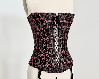 Sz S Vintage Y2K Black Satin Floral Embroidered Lingerie Bustier Corset