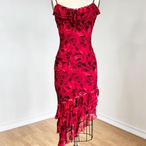 Sz 2//XS Vintage Y2K Cache Red Rose Floral Print Pure Silk Asymmetrical Party Cocktail Prom Dress