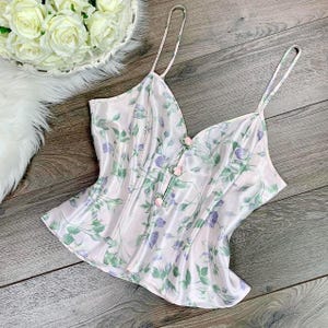Sz M/L Vintage Y2K Silky Pink Floral Print Lingerie Cami Tank Top