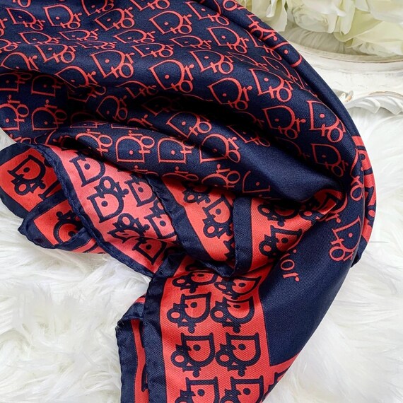 Vintage Christian Dior Pure Silk Red and Navy Monogram Print Scarf