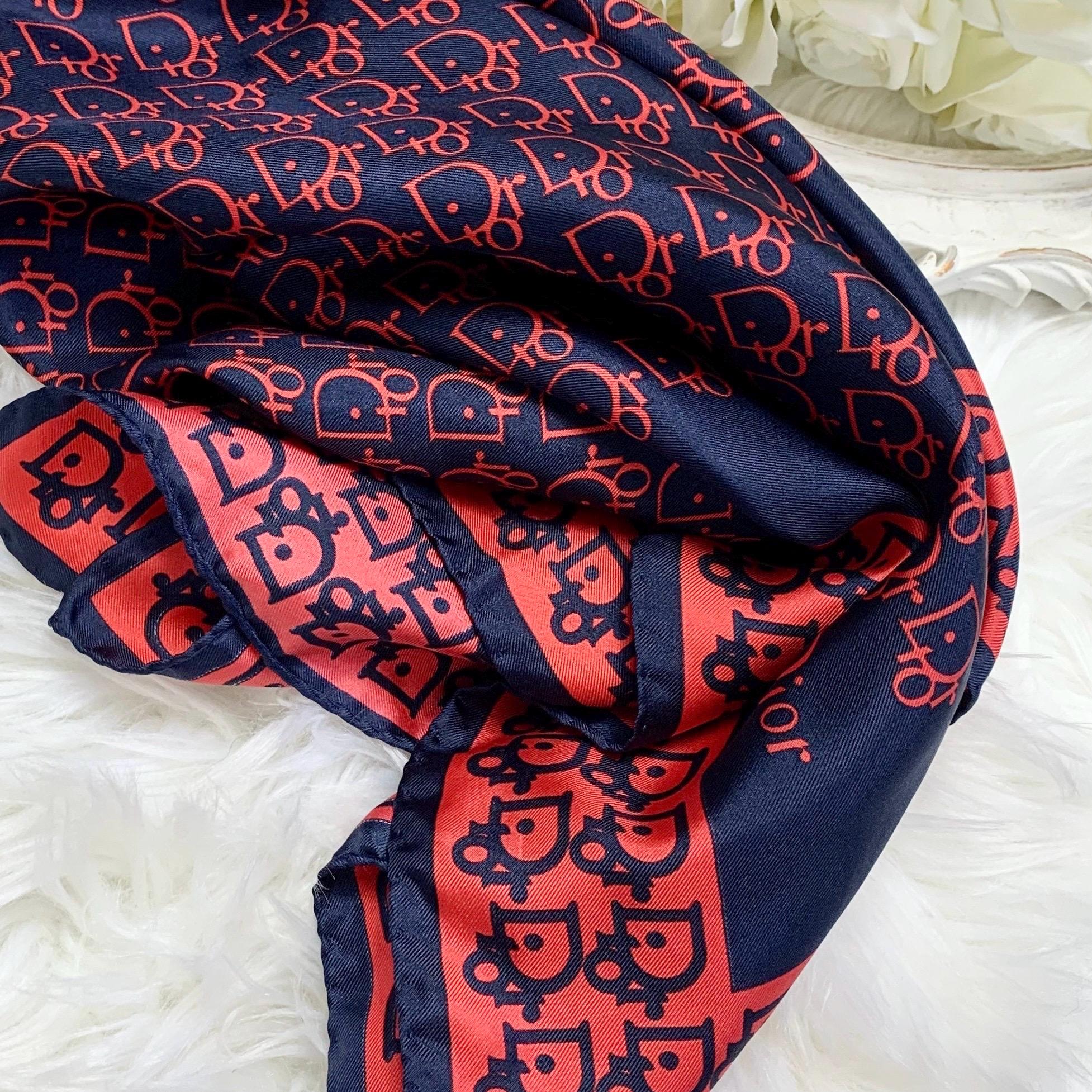Vintage Christian Dior Pure Silk Red and Navy Monogram Print Scarf