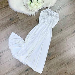 Sz M Vintage Miss Dior Ivory White Nylon Silky Lingerie Slip Dress