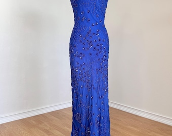 Vestido formal de fiesta vintage Y2K Scala Deadstock de seda pura azul cobalto real con flores y cuentas, talla S/M
